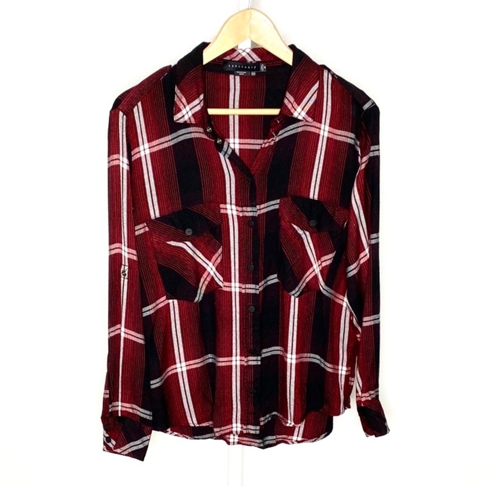 Sanctuary | Red/Black Plaid Cozy Rayon Snap-Closure Boyfriend Shirt Sz Medium